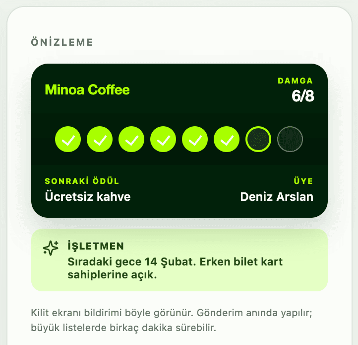 Panelde kilit ekranı bildirimi önizlemesi: sıradaki gece duyurusu