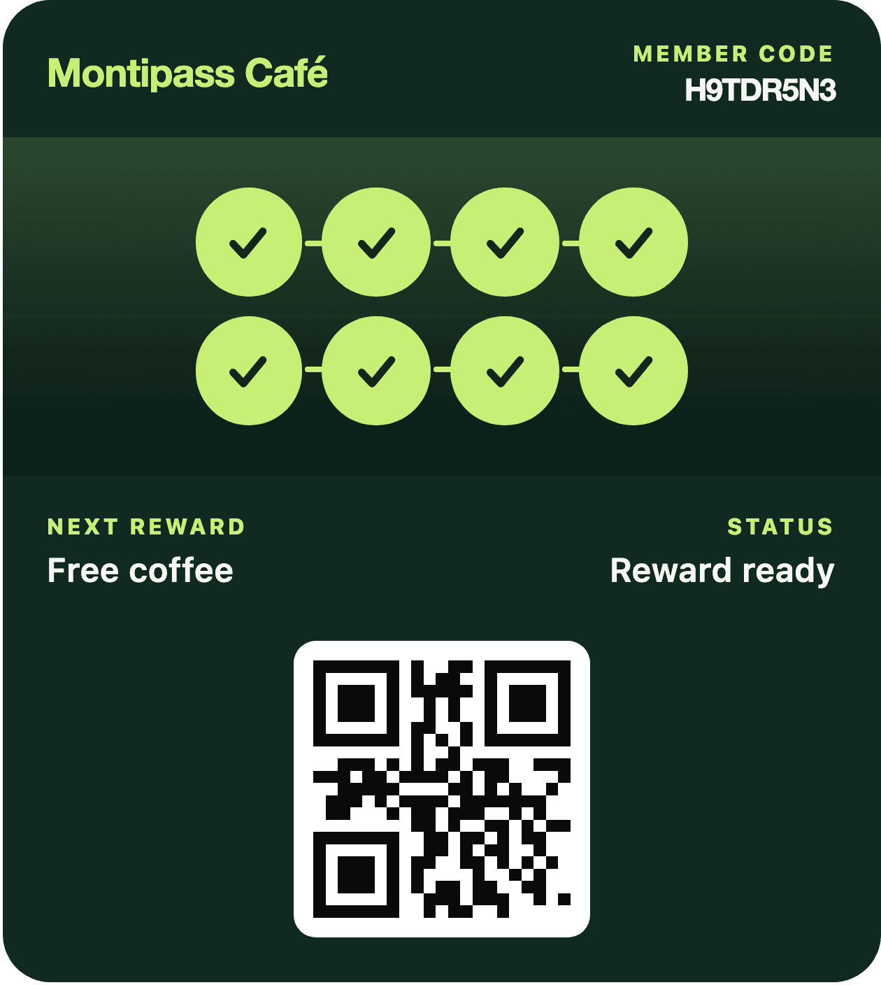 A wallet card with its reward ready, previewed in the panel: all eight stamps filled