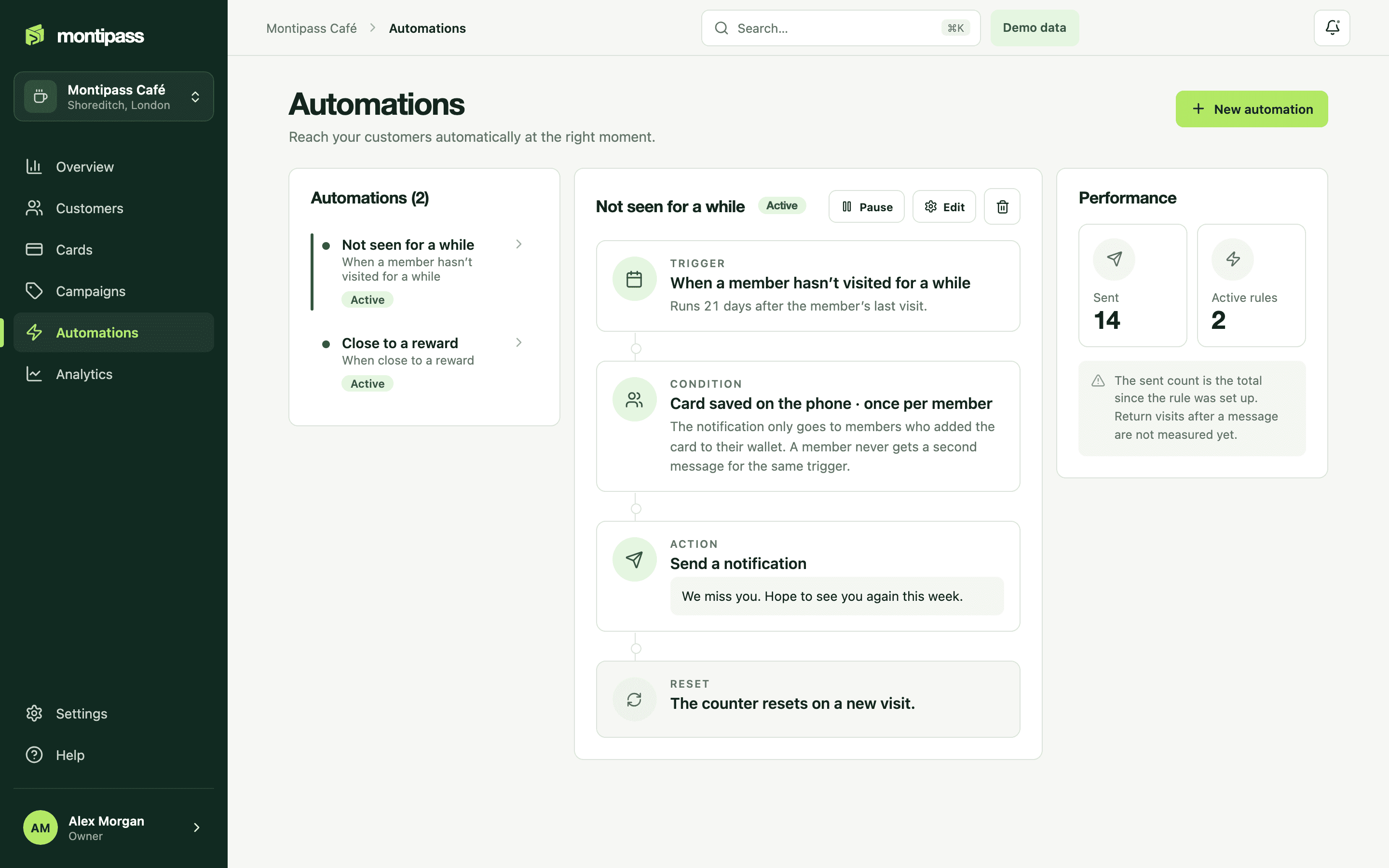 The automations screen in the Montipass panel: rule list, trigger and message flow