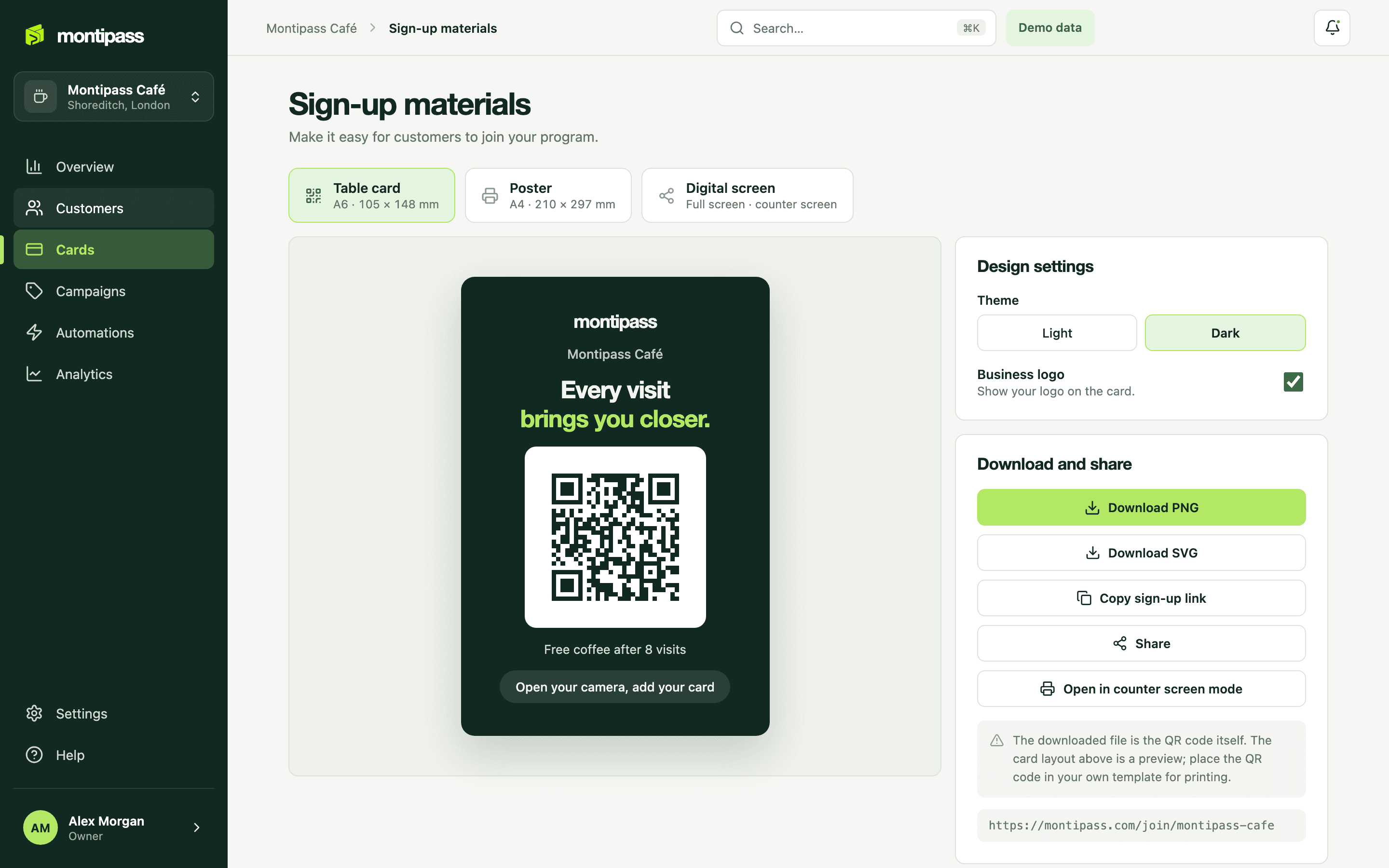 Sign-up QR material in the panel: a QR poster to place at the counter or share
