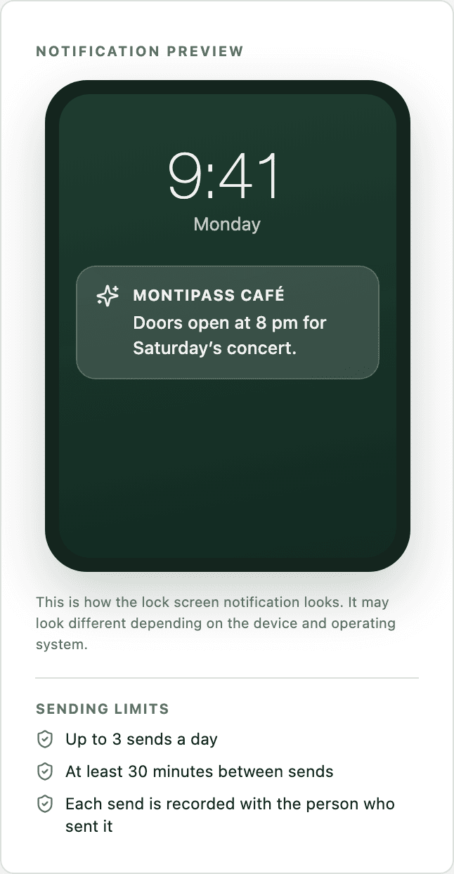 Lock screen notification preview in the panel: an announcement for the next night