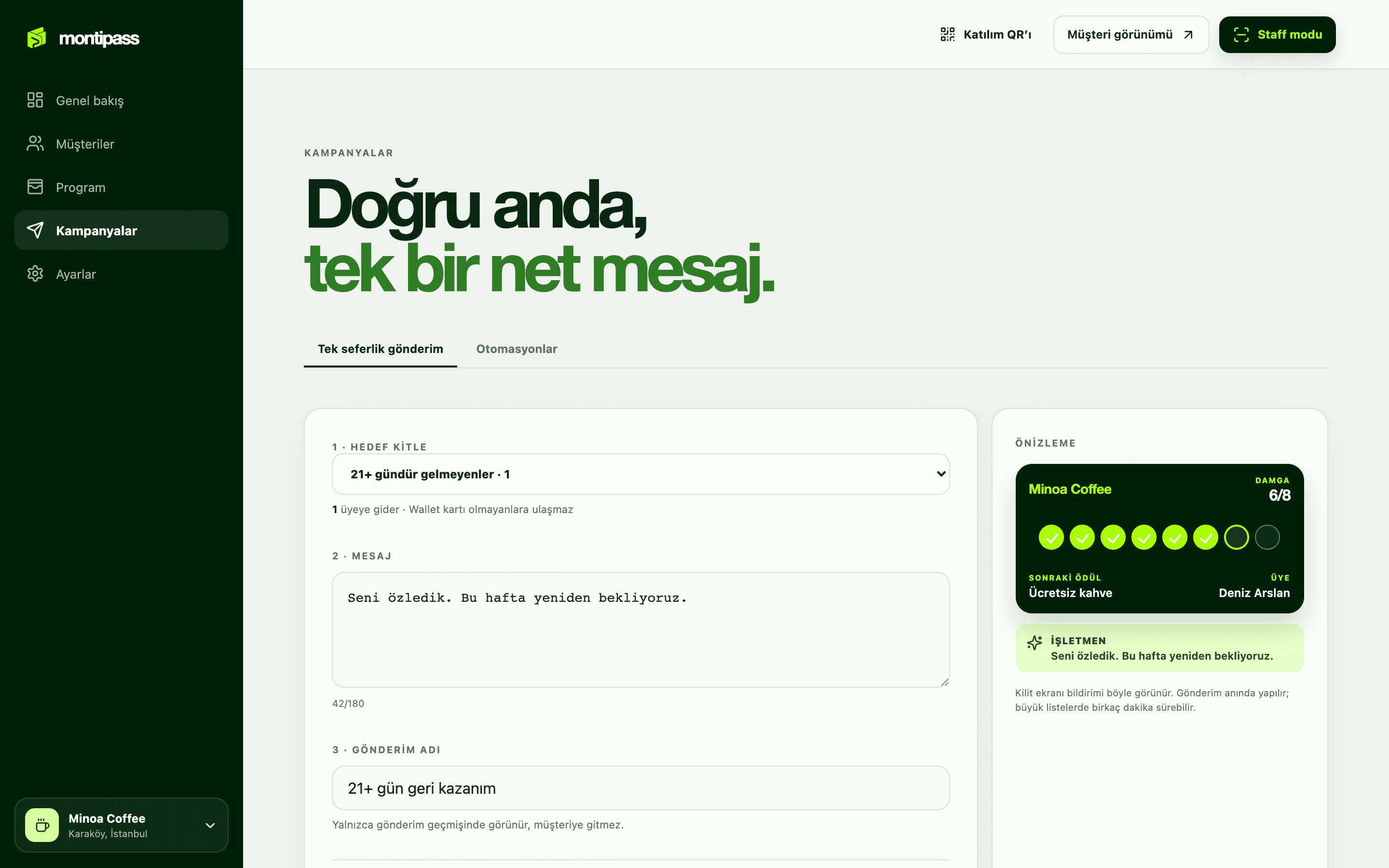 Montipass panelinde kampanya oluşturma ekranı
