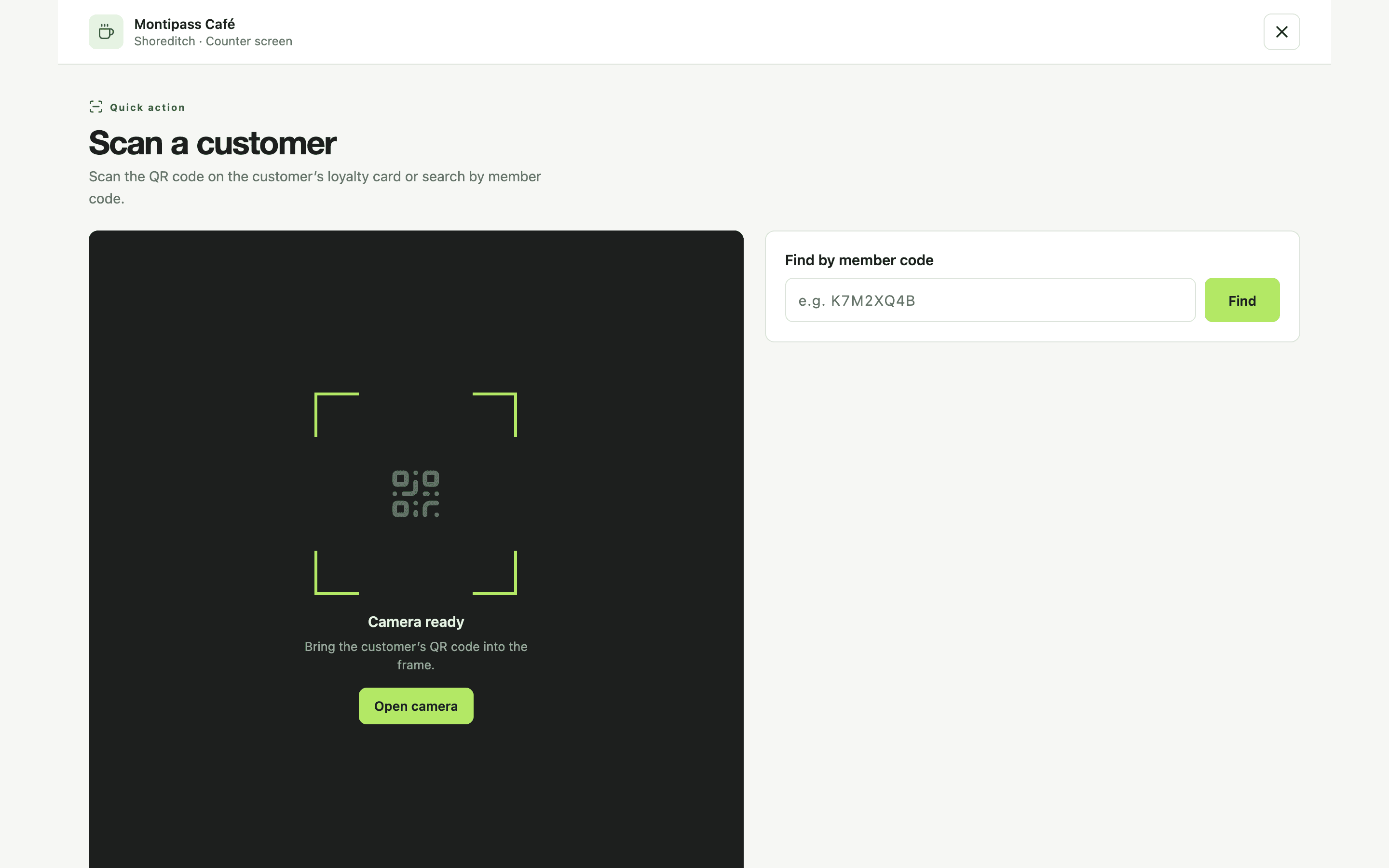 Member card scanning screen in Montipass staff mode: camera QR scanner and a membership code field